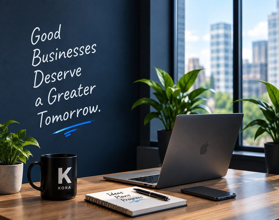 Office wall reading Good Businesses Deserve a Greater Tomorrow, with a laptop and notebook on the desk