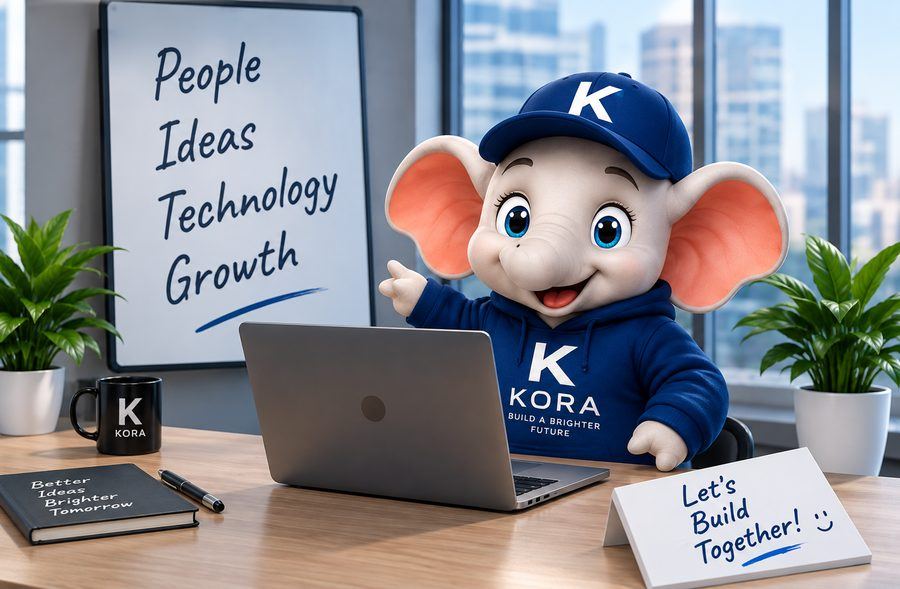 IKORA mascot working at a laptop with a whiteboard reading People, Ideas, Technology, Growth